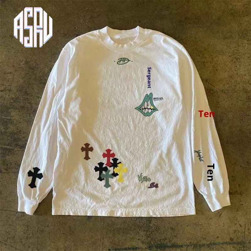 ASRV เสื้อยืดผู้ชายแขนยาวสไตล์ฮ่องกงแบรนด์แนวสตรีทสไตล์ที่เป็นกลางคุณภาพสูง