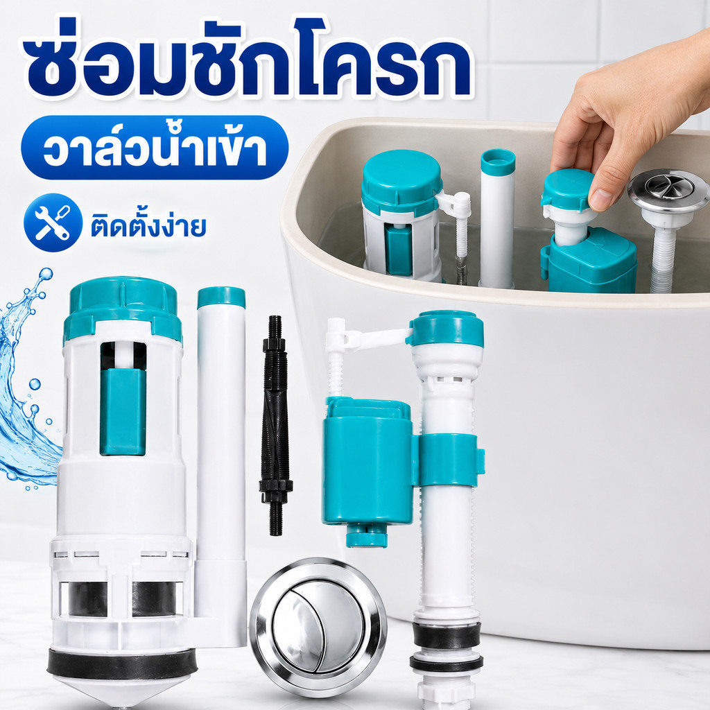 ชุดวาล์วน้ำเข้าชักโครก อะไหล่ถังพักน้ำ ชุดซ่อมสุขภัณฑ์ พร้อมปุ่มกด ลูกลอยน้ำเข้า ติดตั้งง่าย ใช้ในห้องน้ำทั่วไป ครบชุด