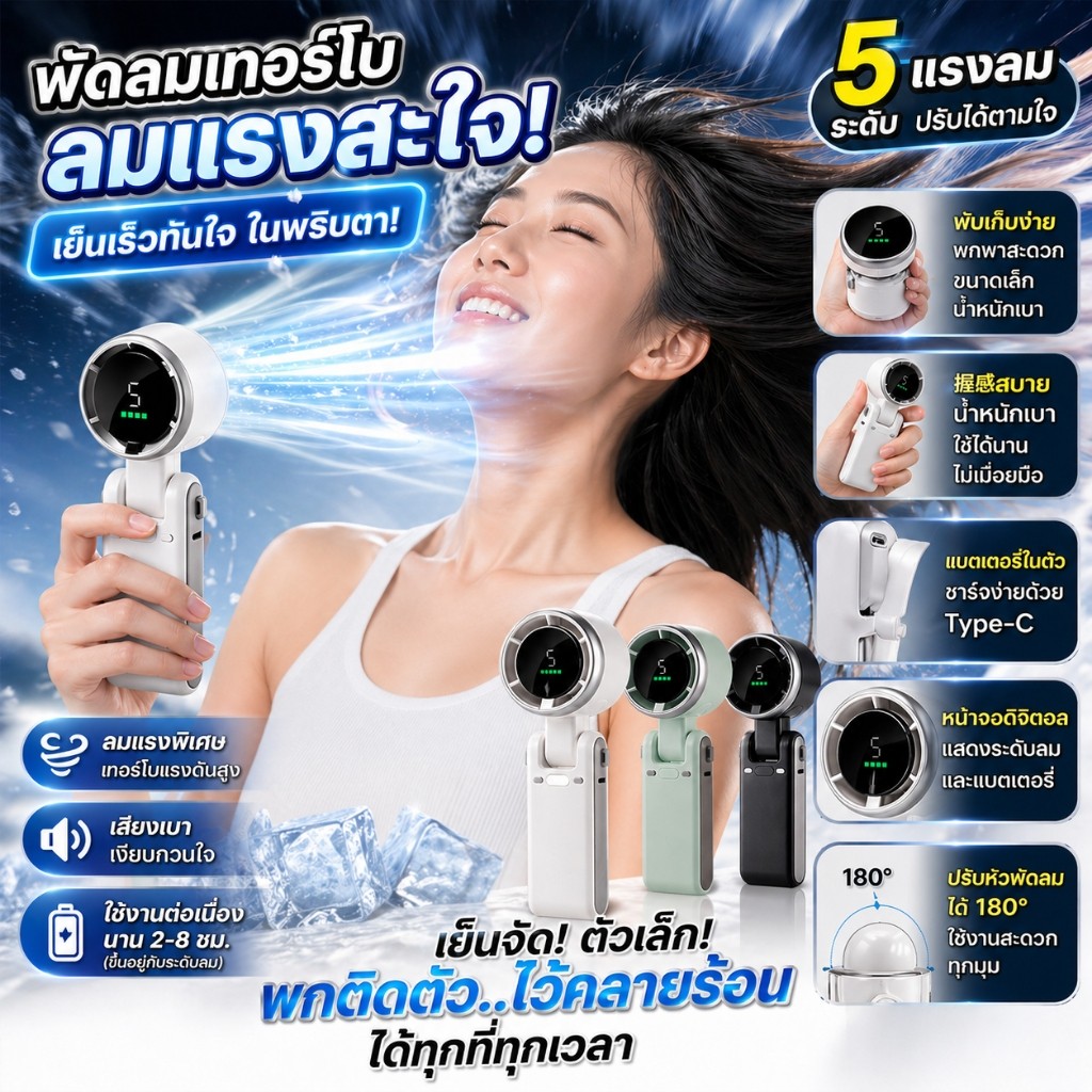 พัดลมพกพา พัดลมมือถือ พัดลมคล้องคอ พับได้ 3in1  เทอร์โบ พับได้ หน้าจอดิจิตอล ชาร์จ Type-C พัดลมมือถือ ขนาดเล็ก