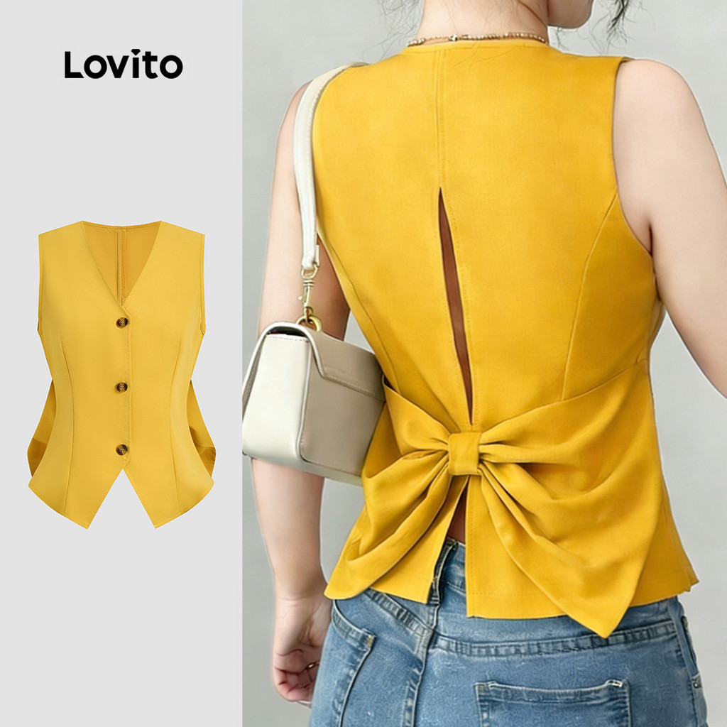 Lovito เสื้อเบลาส์ลําลองสีเหลืองติดกระดุมและโบว์ด้านหลัง สําหรับผู้หญิง ใส่ฤดูใบไม้ผลิ/ฤดูร้อน LK6ED159