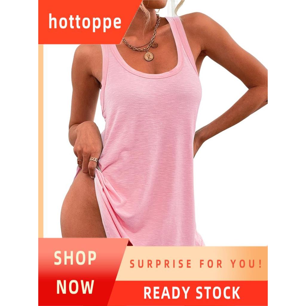 hottoppeชุดว่ายน้ําผู้หญิง Cover-Ups U-คอแขนกุดชุดว่ายน้ํา Beach Cover-Ups Basic Tank Dresses สีชมพู