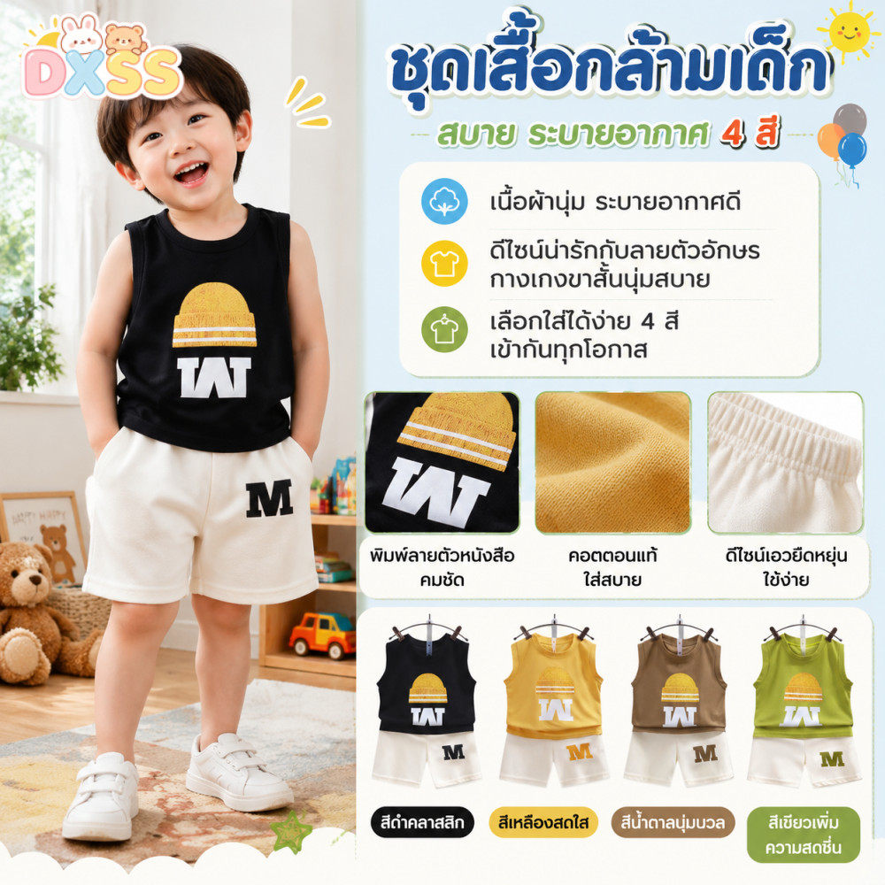 ชุดเสื้อกล้ามเด็กพิมพ์ตัวอักษร M ผ้าคอตตอนนุ่มระบายอากาศดี 4สีให้เลือก สำหรับเด็ก1-7ปี
