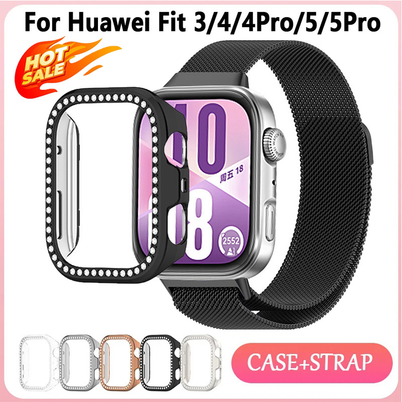 สายโลหะ + เคสเพชร สําหรับ Huawei Watch Fit 5 Pro/Fit 4 Pro/Fit 5/Fit 4/Fit 3 ฝาครอบ PC镂空 ป้องกัน อุปกรณ์เสริม
