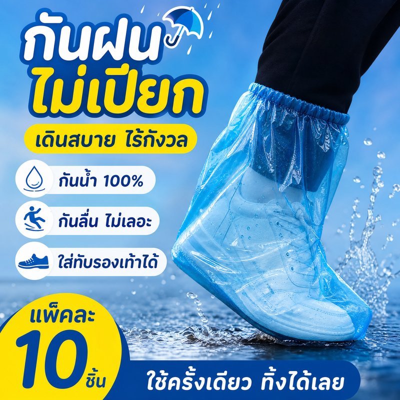 ที่ครอบรองเท้ากันฝน ถุงคลุมรองเท้า กันน้ำ PE หนา ใช้แล้วทิ้ง ยืดหยุ่นสูง พกพาง่าย 10 ชิ้น