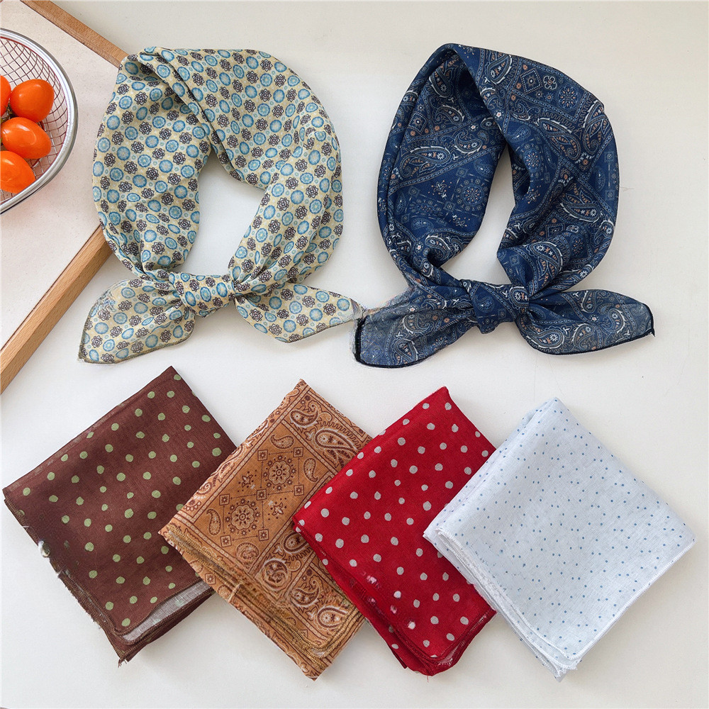 55 ซม. Pka Dot ผ้าฝ้ายผ้าลินินรู้สึกผ้าพันคอผ้าไหมผู้หญิงฤดูร้อนสวมใส่ Headscarf ผม Tie ผ้าพันคอ All-Match ขนาดเล็กผ้าพันคอ