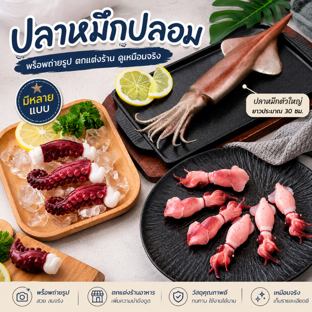ปลาหมึกปลอม โมเดลหมึก PVC มีหมึกใหญ่ หมึกเล็ก หนวดหมึก พร็อพอาหารทะเล ตกแต่งร้านซีฟู้ด ถ่ายรูปสินค้า