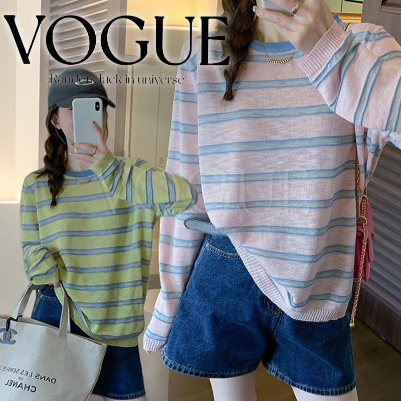 Vogue🌟พร้อมส่ง🌟 เสื้อโอเวอร์ไซส์แขนยาวคอกลม ลายทางสีพาสเทลน่ารักๆ บางเบาใส่สบาย (B357)