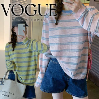 Vogue🌟พร้อมส่ง🌟 เสื้อโอเวอร์ไซส์แขนยาวคอกลม ลายทางสีพาสเทลน่ารักๆ บางเบาใส่สบาย (B357)