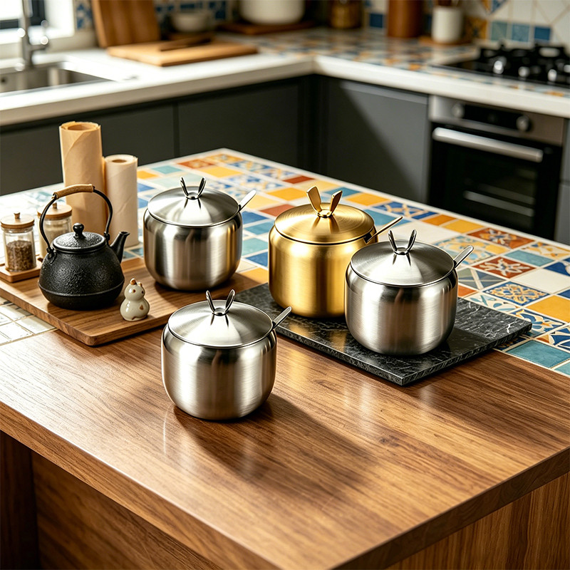 UTENSILS ภาชนะใส่เกลือน้ำตาล สแตนเลสเกรดอาหาร มีฝาปิดและช้อนฟรี
