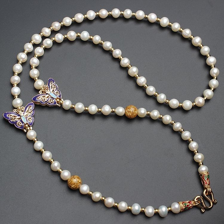 โซ่พระไทยสร้อยคอมุกธรรมชาติผีเสื้อ 泰国 จี้จี้ 天然双珠项链ี毛衣链吊挂链绳一两件三挂BDX09