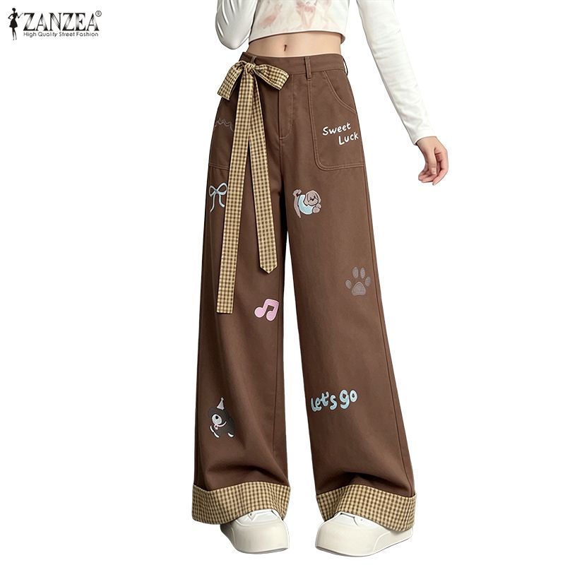 ZANZEA ใส่ ซานเซีย ผู้หญิงเกาหลี สตรีทแวร์ ย2เค สไตล์เอวสูงลายสก๊อตโบว์ออกแบบการ์ตูนพิมพ์กางเกงขากว้าง
