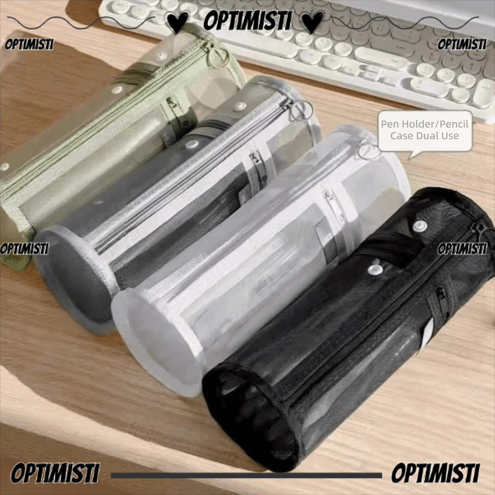 OPTIMISTI8E Pencil , Mesh Solid Color Flip-Top Bag, Minimalist Large Capacity Transparent Pen Holder