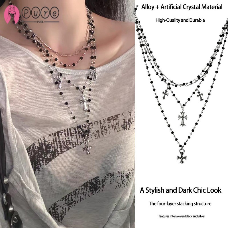 [HGB] สร้อยคอซ้อนกากบาทสี่ชั้น | Retro Gothic Alloy สร้อยคอลูกปัด, สําหรับ Subculture Party Holiday 