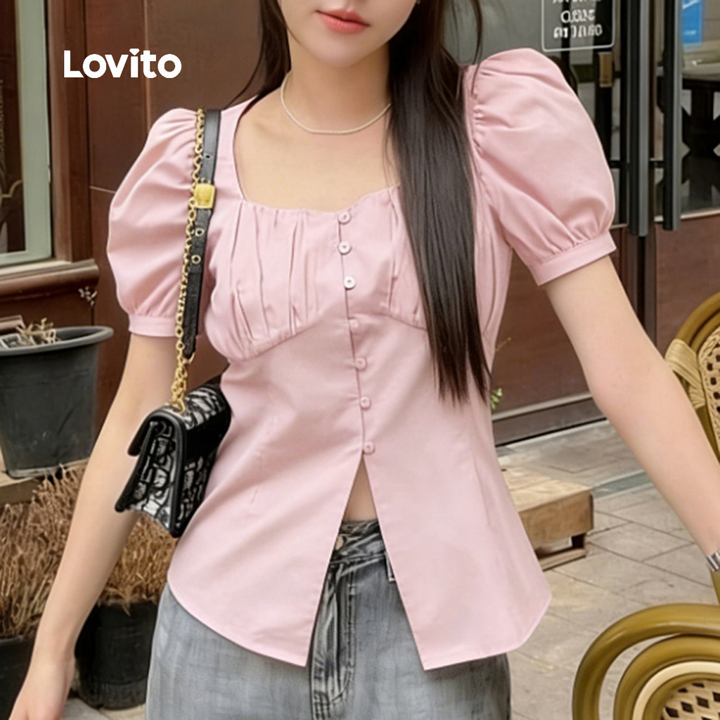 Lovito  เสื้อเชิ้ตผู้หญิงสีชมพู ผูกด้านหน้า สไตล์ลําลอง เรียบง่าย สําหรับฤดูใบไม้ผลิ/ฤดูร้อน LK3AD050