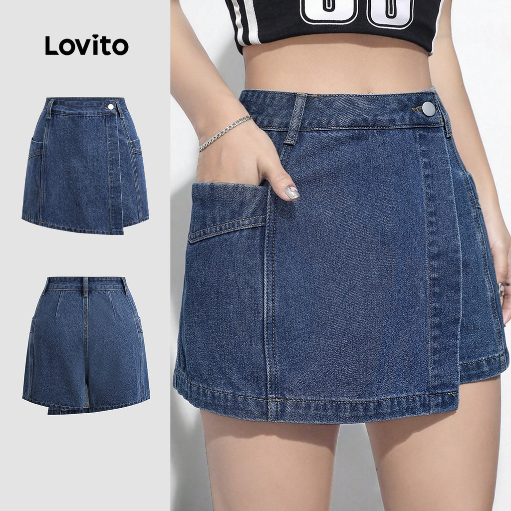 Lovito กางเกงขาสั้นยีนส์แบบสบาย ๆ พร้อมกระเป๋าห่อ ล้างแล้ว สีฟ้าฤดูใบไม้ผลิ/ฤดูร้อน L142ED447