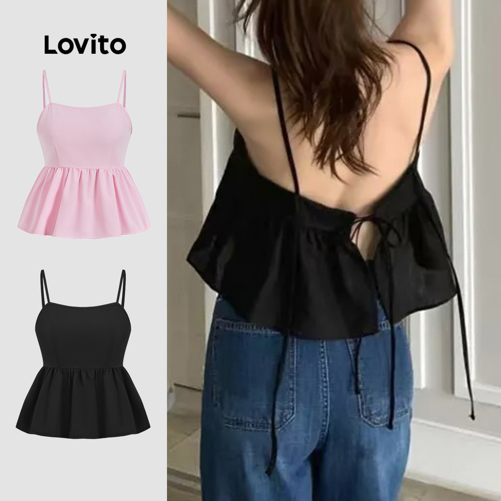 Lovito แคชชวล เสื้อสายเดี่ยว สีพื้น ดีไซน์ โชว์หลังแบบผูกเชือก สำหรับผู้หญิง L121MD336