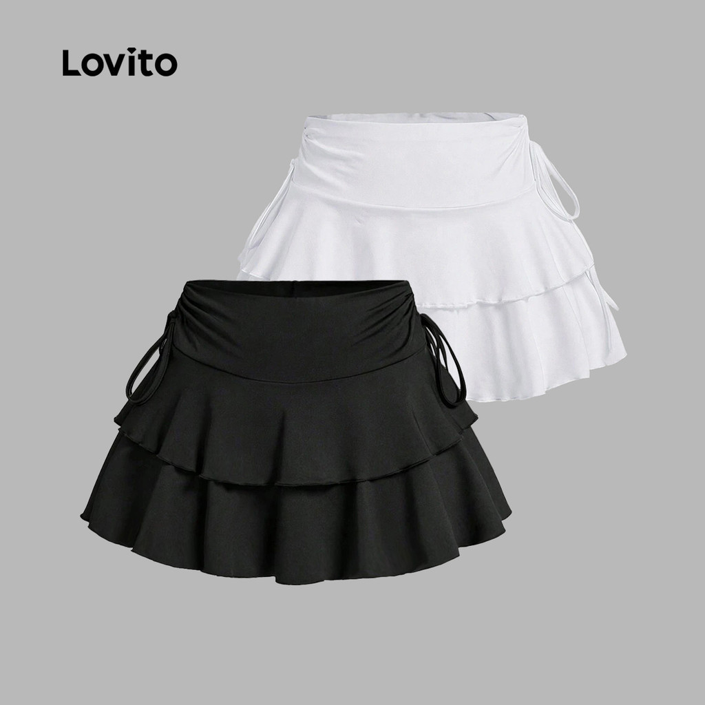 Lovito กระโปรงแคชชวลผู้หญิง ทรงเรียบ ผูกเชือก ชายกระโปรงระบายเป็นชั้น กระโปรงฤดูร้อน/ฤดูใบไม้ผลิ L133AD424