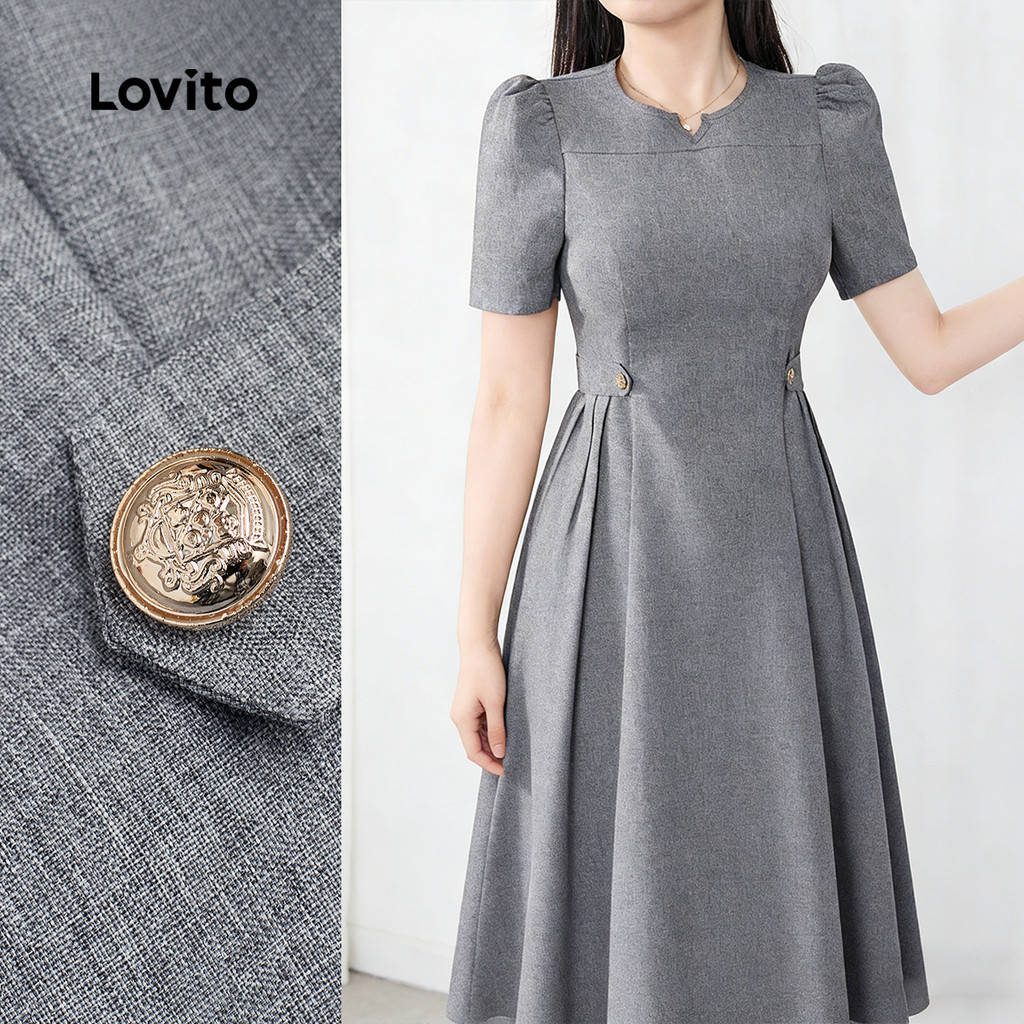 Lovito  เดรสผู้หญิงสีเทาฤดูใบไม้ผลิ/ฤดูร้อน ดีไซน์จีบพร้อมหัวเข็มขัดโลหะ L177ED396