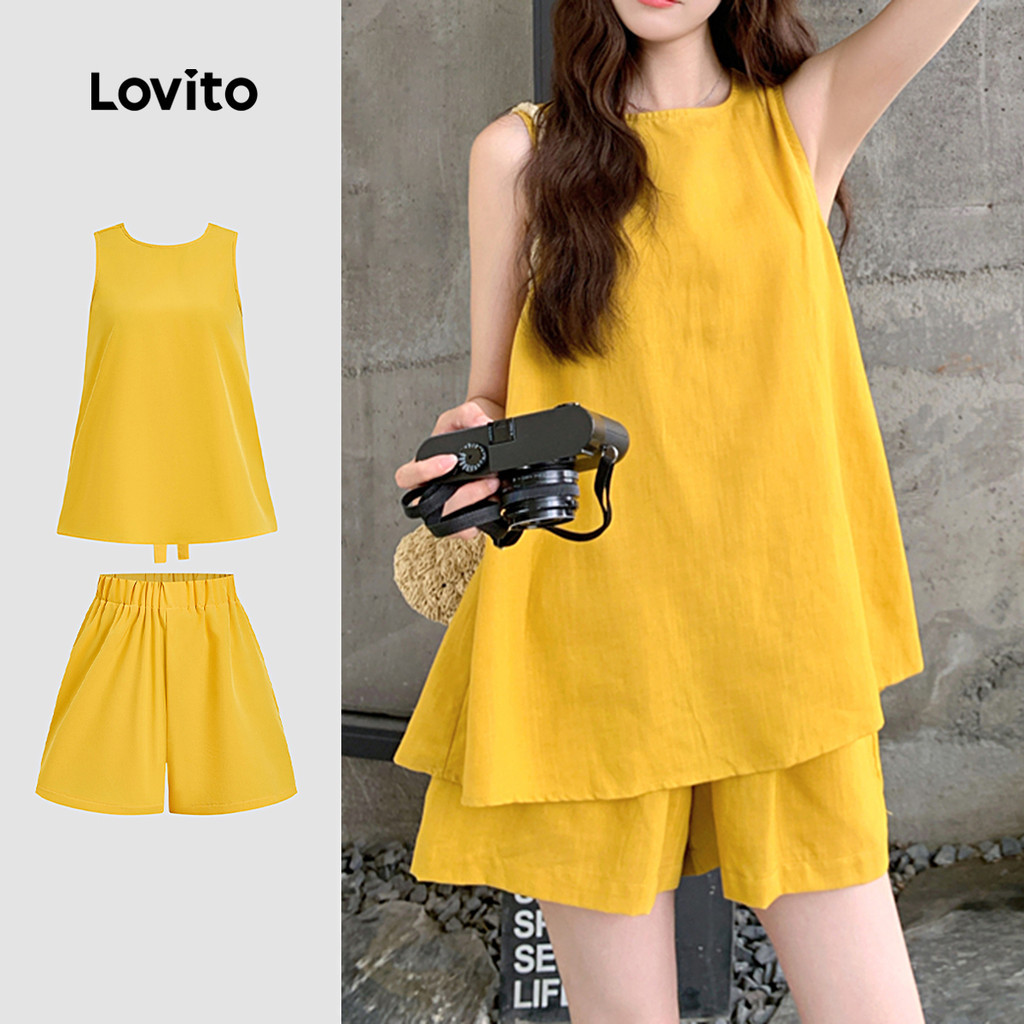 Lovito ชุดกางเกงขาสั้นผูกเอว ลําลอง สําหรับฤดูใบไม้ผลิ/ฤดูร้อน สีเหลือง L164LD128