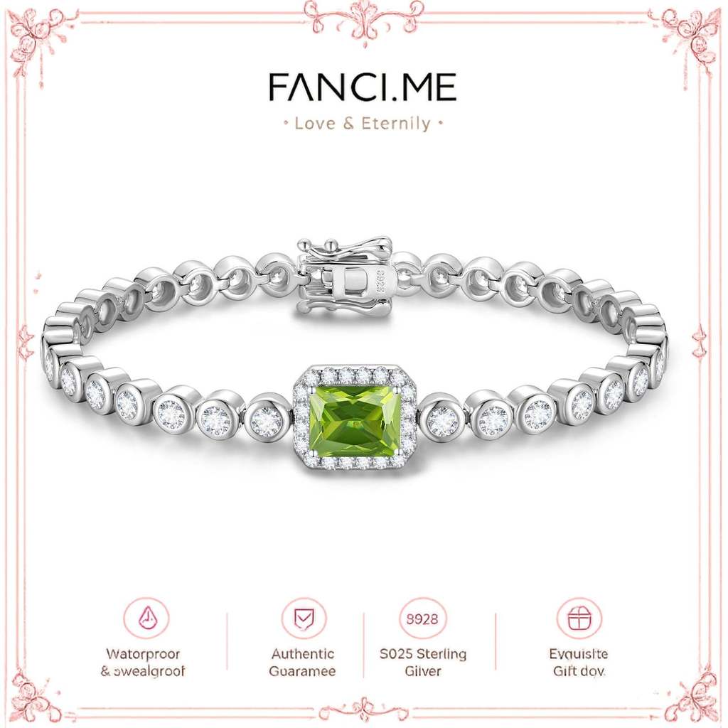 FANCIME "Axis" Radiant Cut สิงหาคม Birthstone Peridot สร้อยข้อมือเทนนิสเงินสเตอร์ลิง