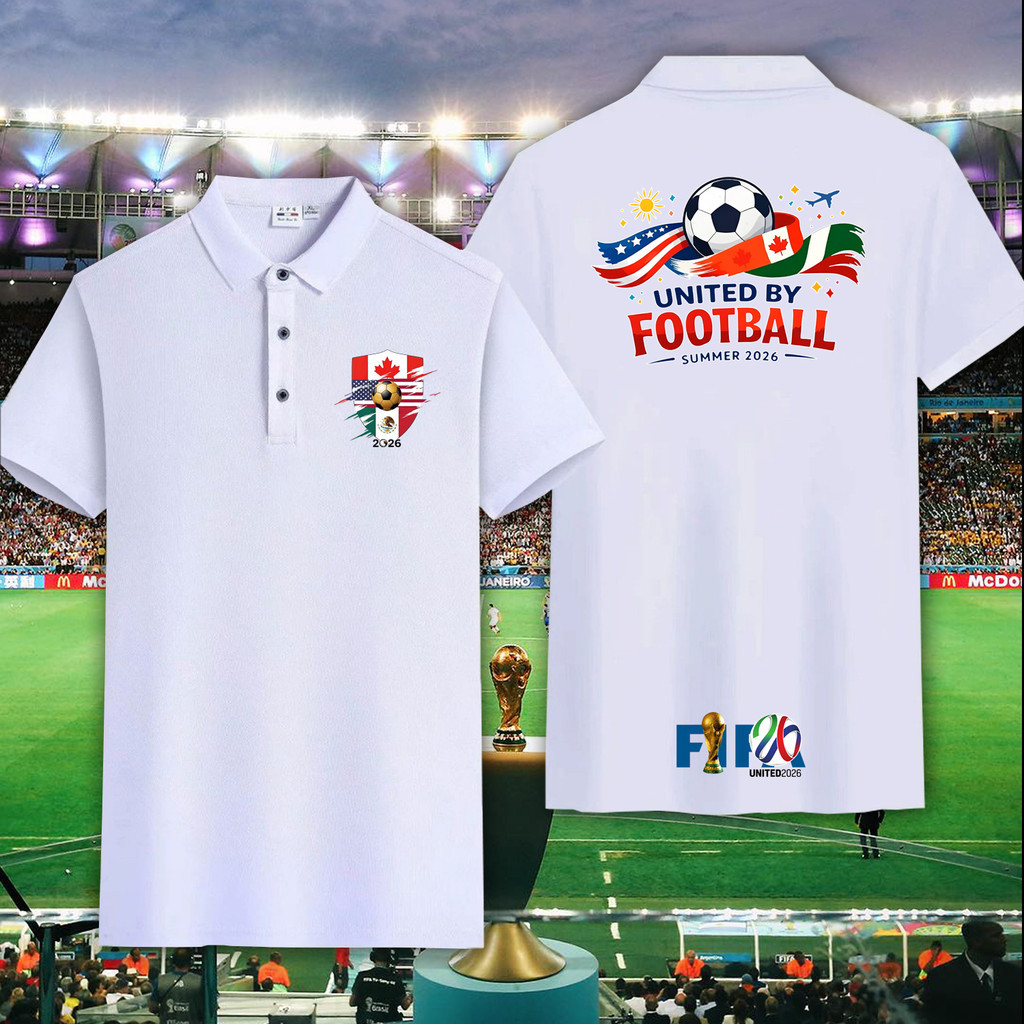เสื้อโปโลฟุตบอลโลก 2026 – ลายธีมฟุตบอล สหรัฐอเมริกา แคนาดา และเม็กซิโก เสื้อแขนสั้น พิมพ์ลาย ระบายอากาศได้ดี