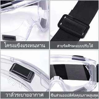 แว่นครอบตานิรภัย แว่นตากันสารเคมี กันสะเก็ด กันฝุ่นละออง เลนส์ใส ใส่ทับแว่นได้ งานช่าง ห้องแล็บ ก่อสร้าง คาดศีรษะ กันลม