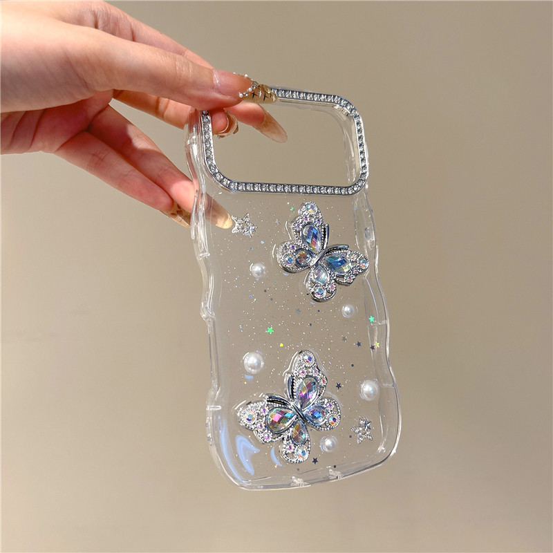 Wavy Edge Rhinestone ผีเสื้ออีพ็อกซี่ Glitter TPU เคสโทรศัพท์สําหรับ iPhone 17 16 15 14 13 Pro Max