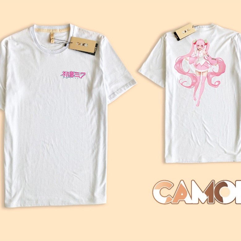เสื้อยืดด้านหน้าด้านหลัง Hatsune Miku สีชมพู Sakura Miku Vocaloid อะนิเมะ