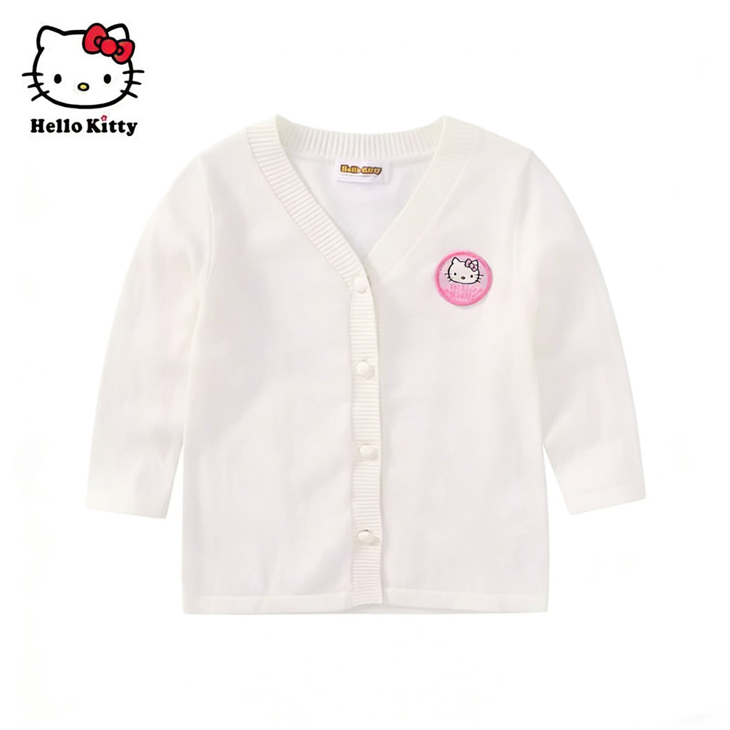Hello Kitty Hello Kitty Preppy สไตล์ V คอผ้าฝ้ายแท้ถักเสื้อสเวตเตอร์ถักสาวเสื้อแจ็คเก็ตบาง