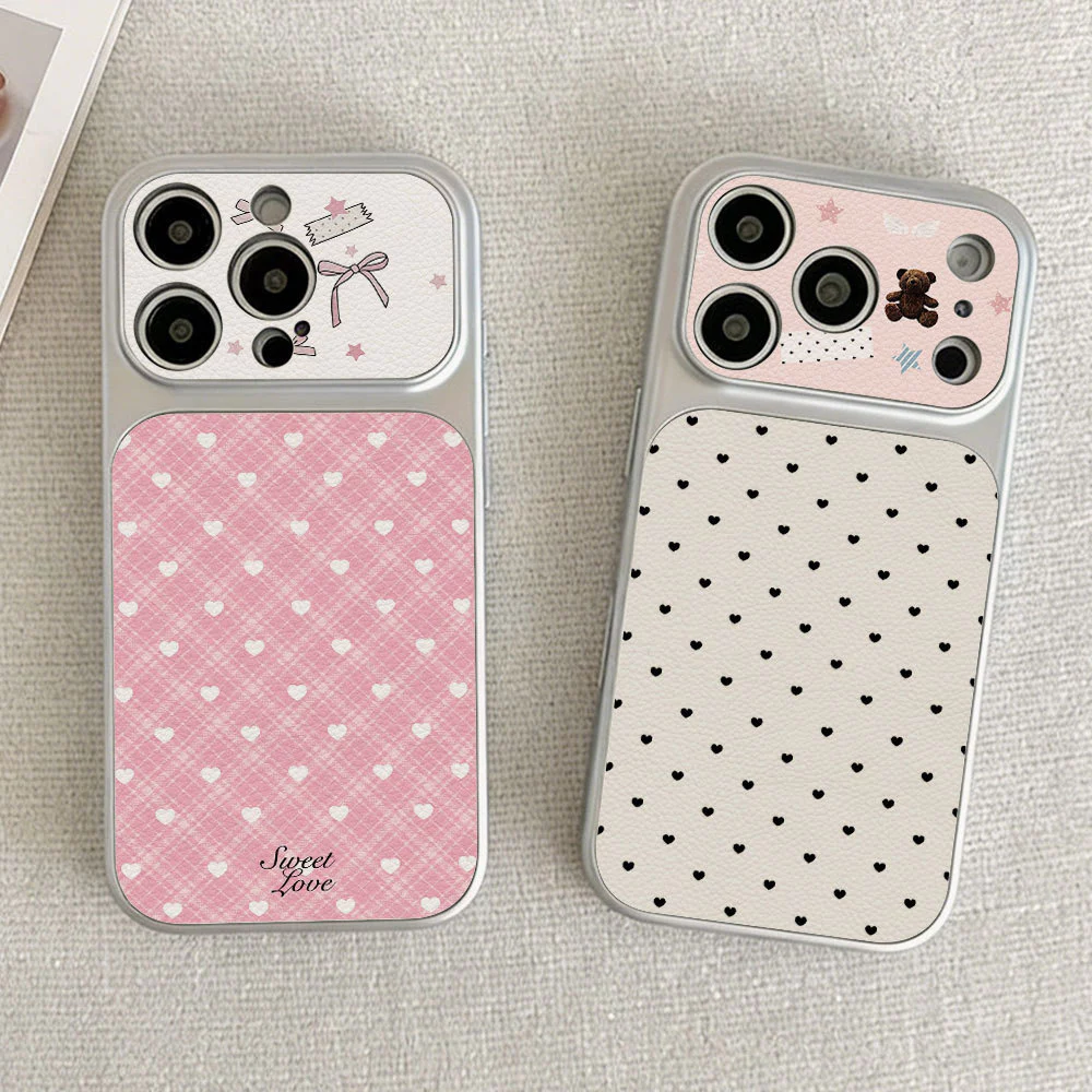 หัวใจลายตารางสีชมพู เคส For iPhone 13 11 17 15 16 12 14 Pro Max 15promax เคสโทรศัพท์หนังแกะ เคสโทรศัพท์ เคสมือถือ Case