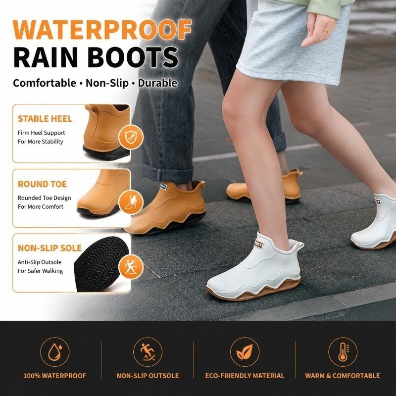 รองเท้ากันฝนผู้ชายกันน้ํา 2 ชิ้น – รองเท้าทํางานกลางแจ้งกันลื่นสําหรับผู้ชายและคู่รักรองเท้ากันฝนคู่กระบอกต่ํา