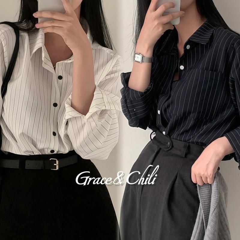 Dode. W421 เสื้อเชิ้ตผู้หญิงแขนยาว เสื้อเชิ้ตลายทางคอปกผู้หญิง สไตล์คนทำงาน นนิวแฟชั่น Women Clothing สีกากี