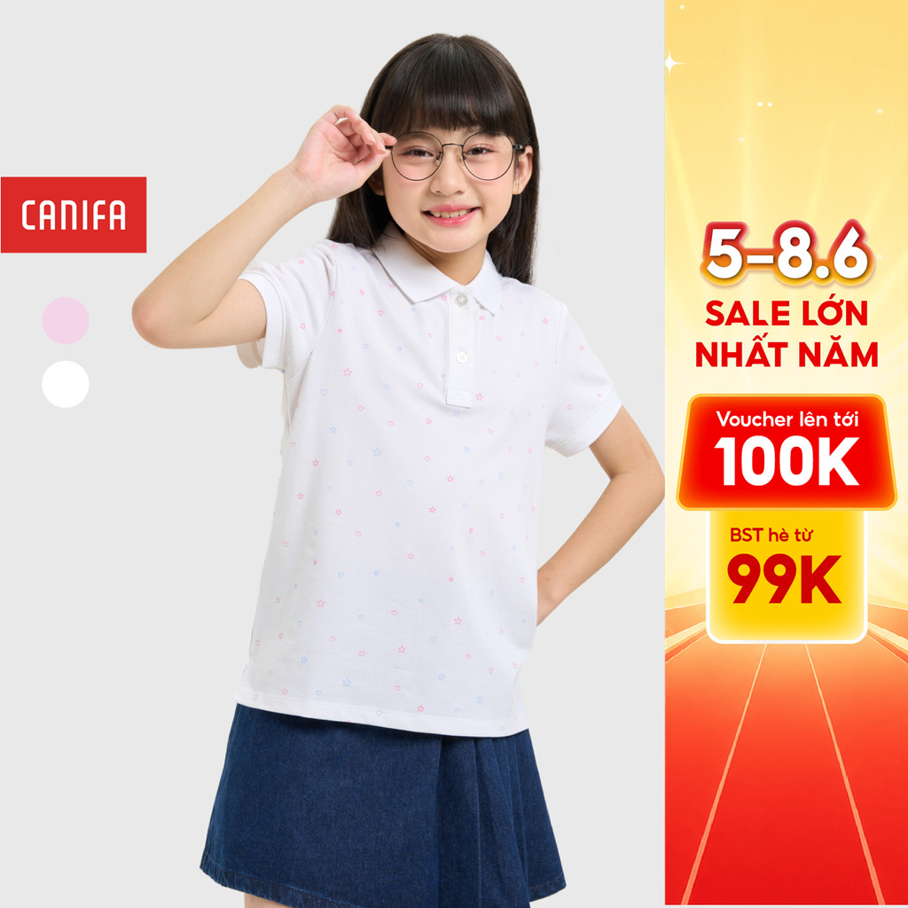 CANIFA เสื้อโปโลเด็กผู้หญิงพิมพ์ลายคอปกและแขน 1TP25S001