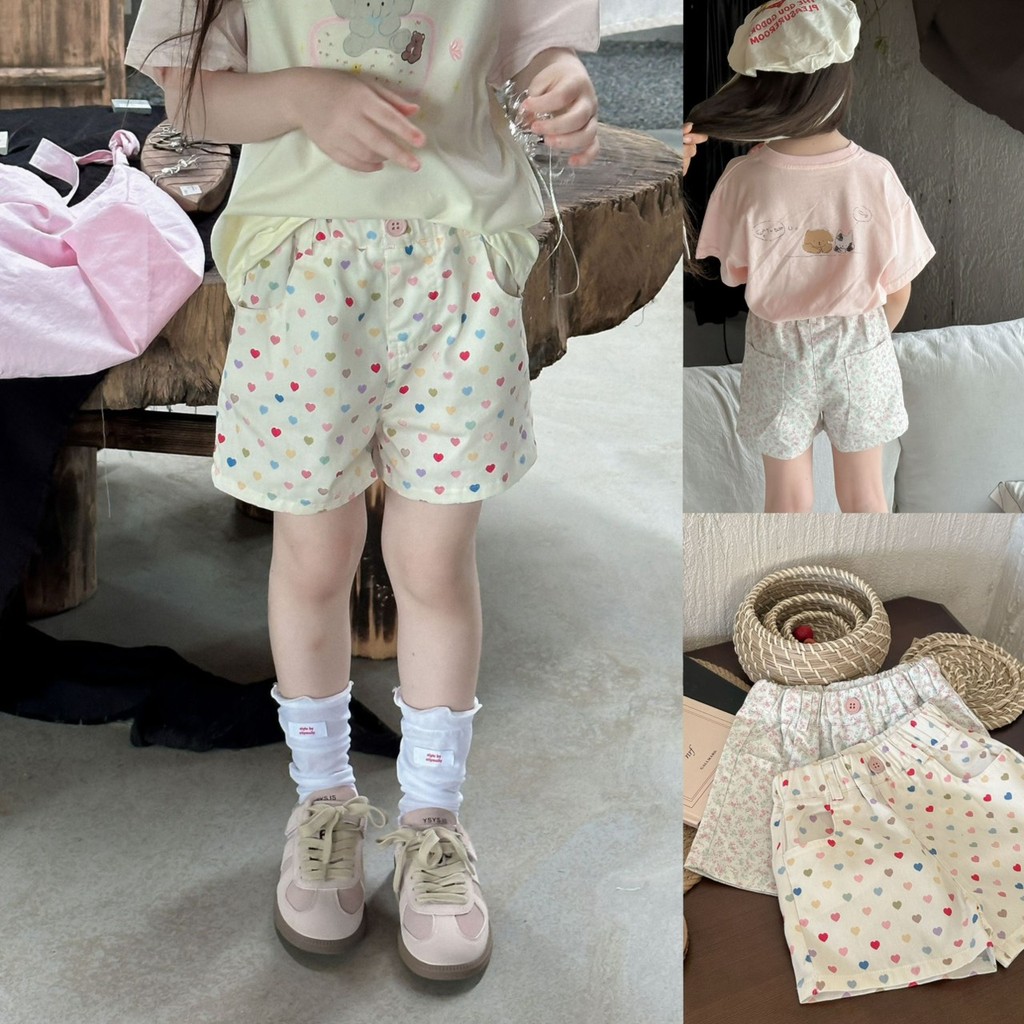 PRETTY BABY กางเกงเด็ก กางเกงขาสั้น ลายหัวใจ ดอกไม้ (2260)