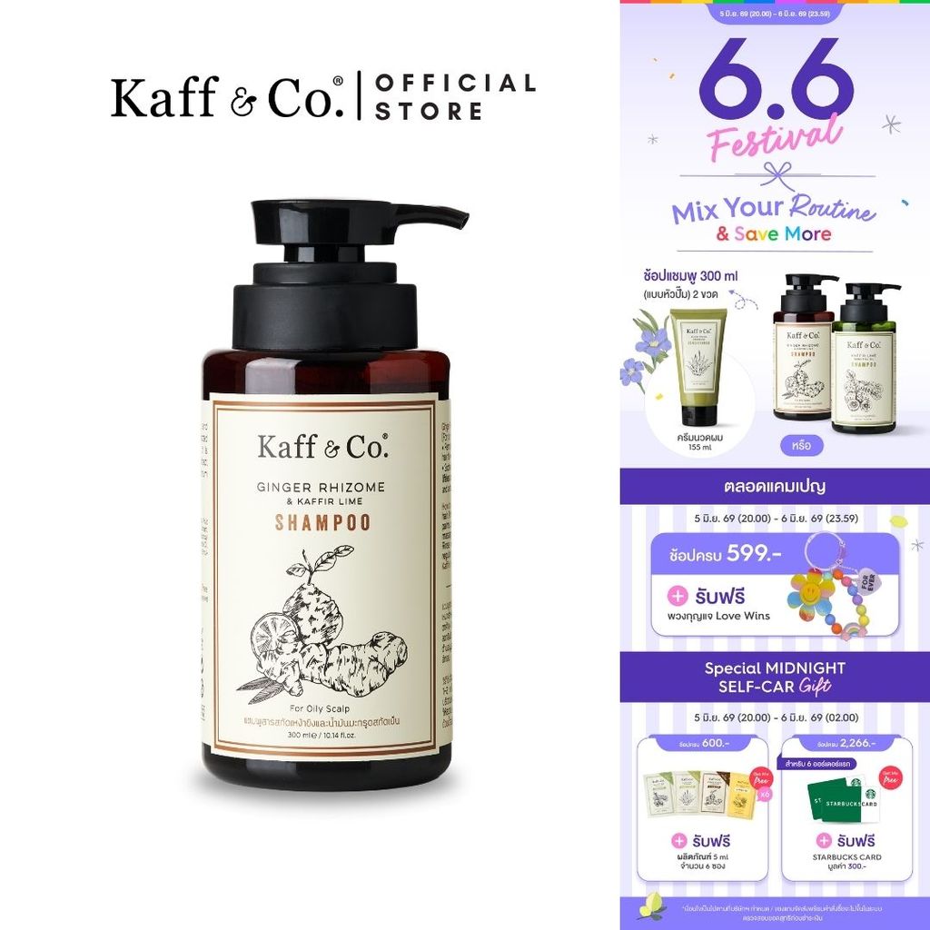 Kaff & Co. แชมพูสำหรับผมมัน ผมลีบแบน มีกลิ่นอับ ช่วยลดผมร่วง แชมพูสารสกัดเหง้าขิงและน้ำมันมะกรูดสกัดเย็น 300 ml