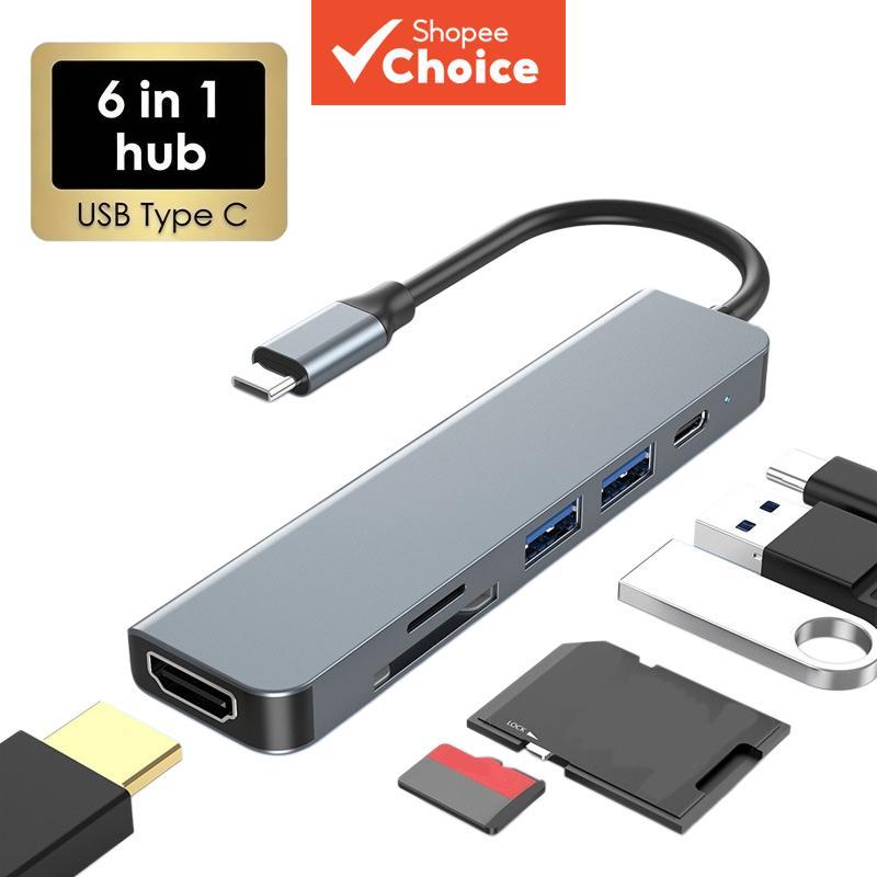 อะแดปเตอร์ฮับ USB-C 6-in-1Type C พร้อม HDMI-เข้ากันได้กับ PD ชาร์จ USB SD/TF Card Reader สําหรับแล็ปท็อป Converter
