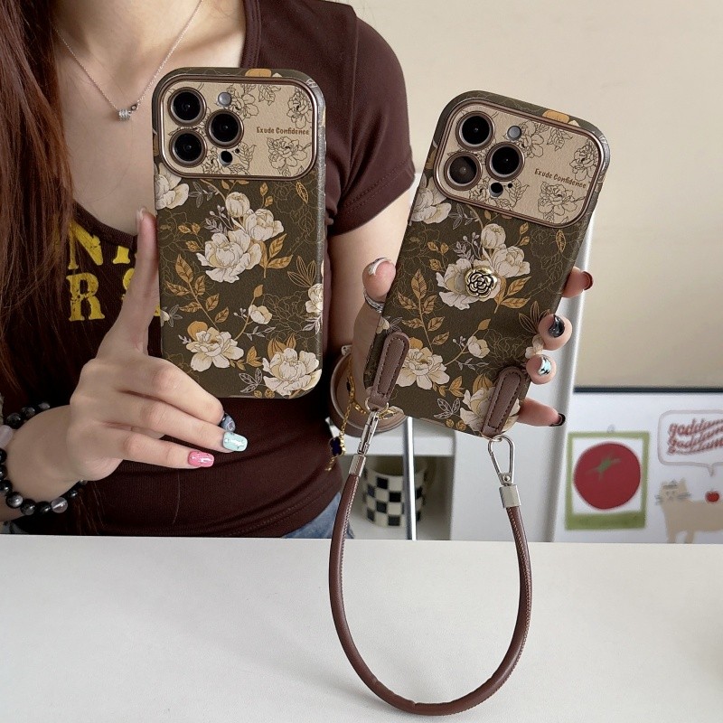 ดอกไม้ย้อนยุค iPhone 18 pro max 17 pro max 16 pro max 15 pro max 14 pro max 13 pro Max case iphone 13 18 pro 16 pro 16 17 pro 15 14 15 pro 13 pro case หนังกันกระแทก เชือกเส้นเล็ก