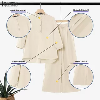 ZANZEA ซานเซีย ผู้หญิงเกาหลีลําลองสีทึบยืนปก3/4แขนด้านหน้าสั้นกลับยาวเสื้อ+กางเกงขากว้างชุดหลวม