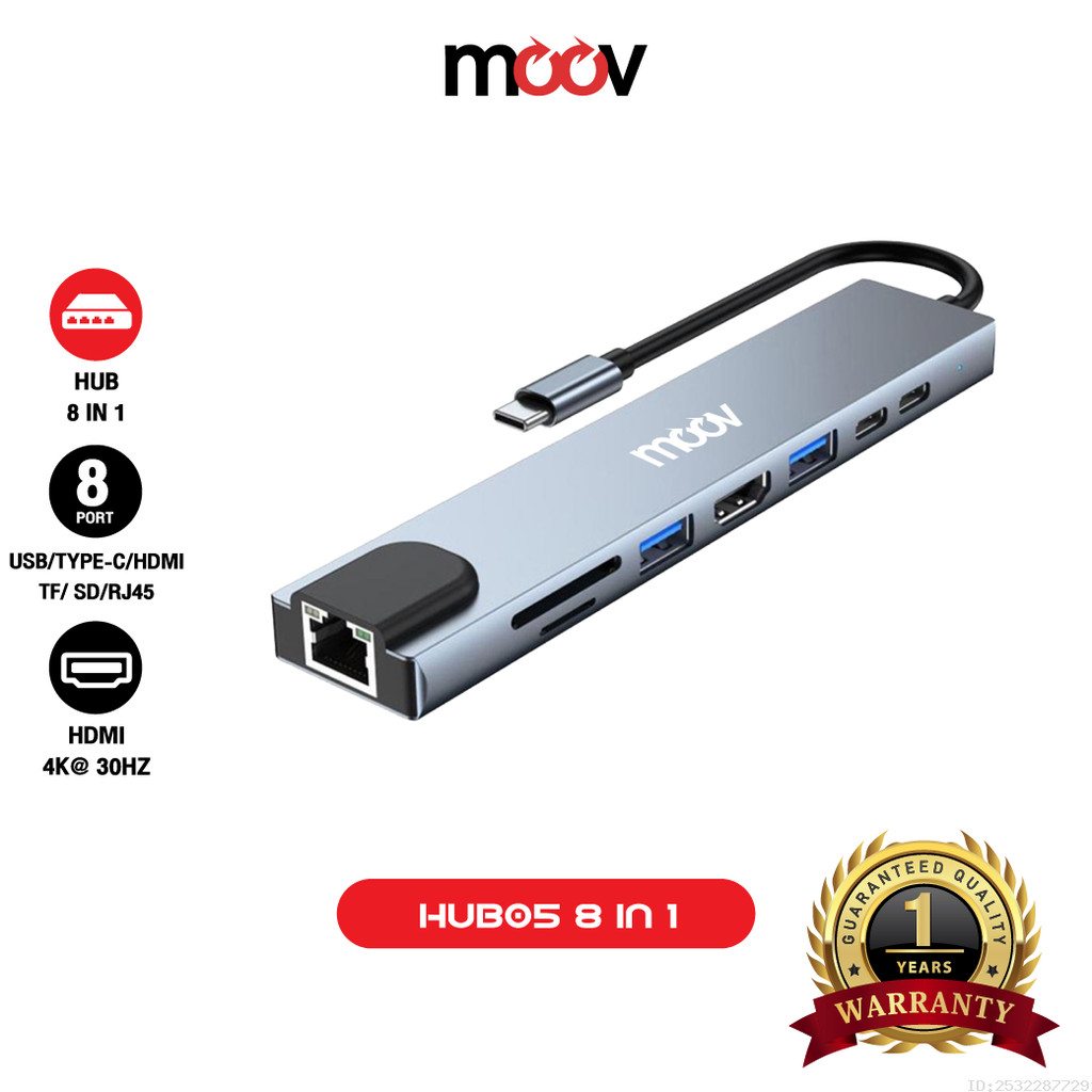 [ส่งไว] Moov HUB05 USB Hub Type C ฮับ 8 in 1 OTG PC Laptop USB Type C HDMI 4K TF SD RJ45 Card Reader