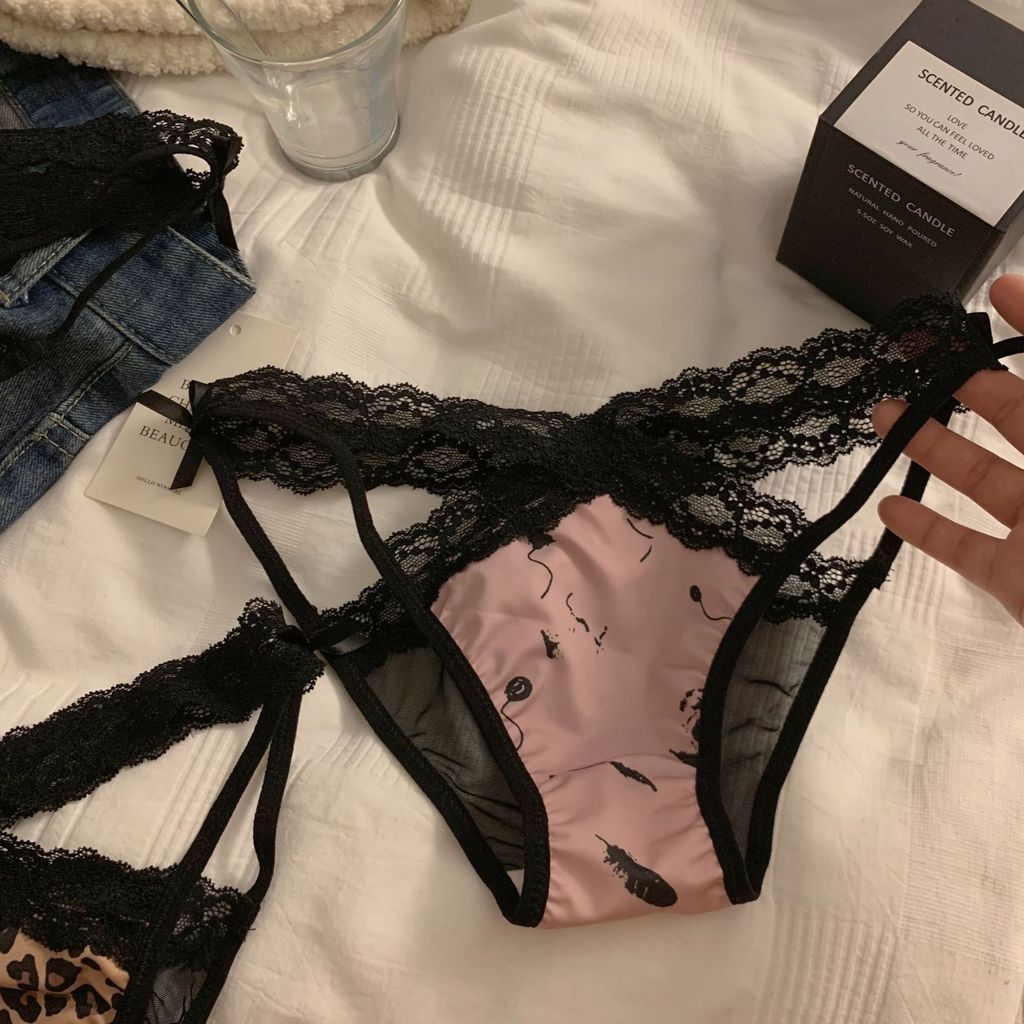 Hot Little Leopard ~ สไตล์ใหม่เซ็กซี่เสือดาวพิมพ์กางเกงผู้หญิง Pure Desire ลูกไม้ Hollow Low-เอวผ้าฝ้ายแท้ Crotch สุภาพสตรีกางเกง MKAD