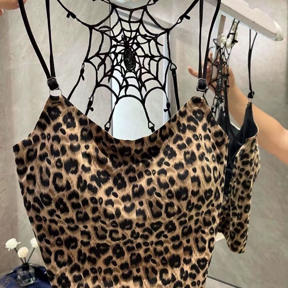 Spider Web สวยกลับ Camisole Top Pure Desire Hollow เสือดาวพิมพ์ไม่มีแหวนเหล็กเซ็กซี่เสื้อกั๊กชิ้นเดี