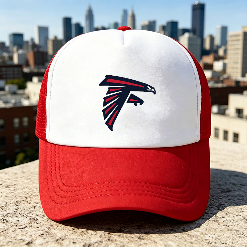 หมวก Trucker สีแดงและสีขาวพร้อมโลโก้ Atlanta Falcons พิมพ์, หมวกเบสบอลตาข่ายระบายอากาศ, Snapback แบบ