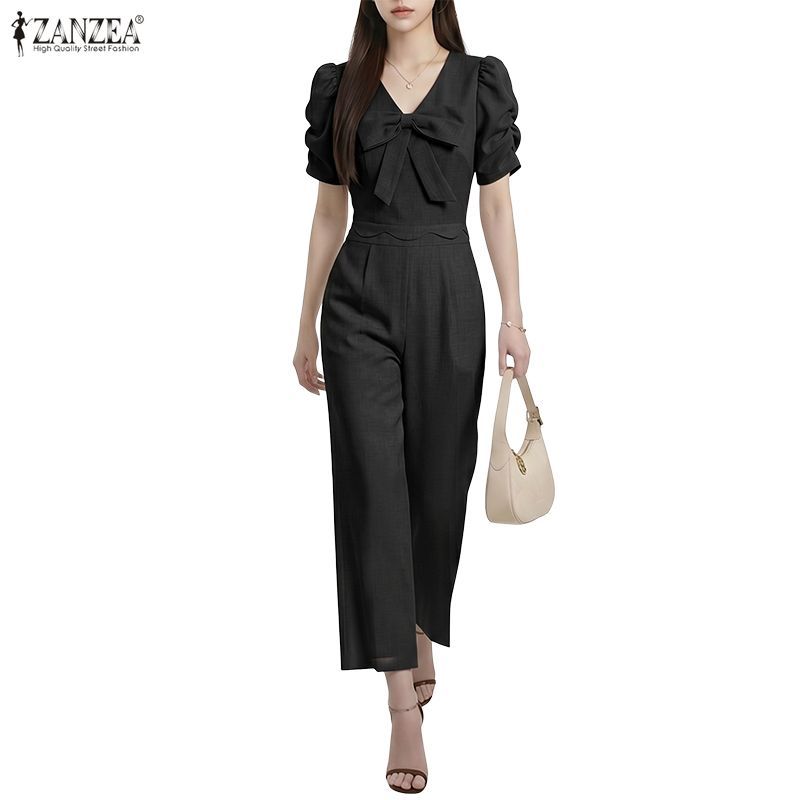 ZANZEA ผู้หญิง Koreane Elegant Officewear V คอ Bowks Design พัฟแขนเอวสูงจั๊มสูทขากว้าง