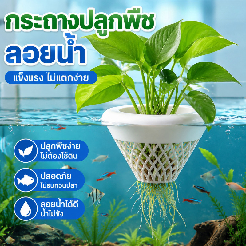 กระถางลอยน้ำสำหรับตู้ปลา กระถางปลูกต้นไม้ในตู้ปลา ไม่ต้องติดตั้ง ใช้ปลูกต้นไม้ในตู้ปลาได้เลย ขนาด 2 แบบ