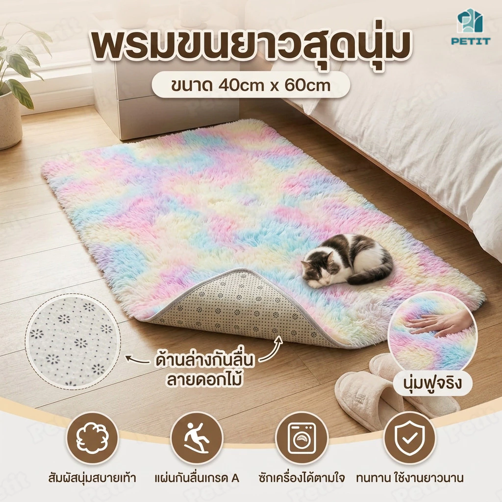 พรมเช็ดเท้าขนนุ่ม 40x60 ซม. พรมปูพื้นห้องนอน ซับน้ำดี มีกันลื่น สไตล์มินิมอล