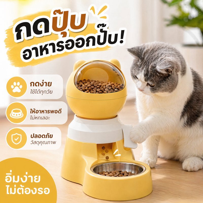 เครื่องให้อาหารแมวอัตโนมัติ ชามสแตนเลส ถังกลม กันชื้น กันแมลง กดจ่ายอาหารเอง สำหรับแมวสุนัข
