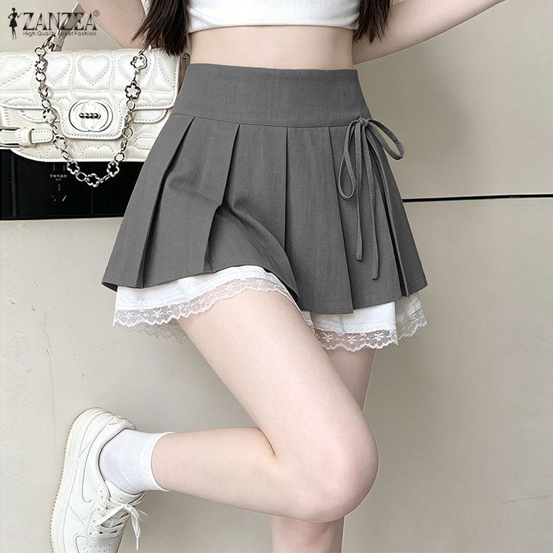 ZANZEA ผู้หญิงเกาหลีหวานวิทยาลัยสไตล์เอวสูง Tie-Up Bows จีบลูกไม้ Splicing A-Line Oversirt — صورة 5