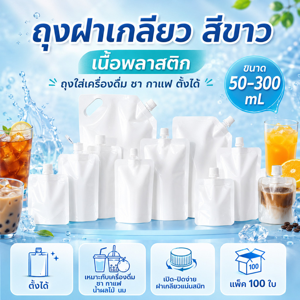 ถุงน้ำฝาเกลียว สีขาว 100ใบ ถุงพลาสติกตั้งได้ ใส่ชา กาแฟ เครื่องดื่ม 50-300 mL