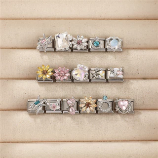 รอบ 3D สีชมพูอิตาเลี่ยน Charm Modular สร้อยข้อมือไทเทเนียมเหล็กปั๊มคู่ DIY สร้อยข้อมืออุปกรณ์เสริม