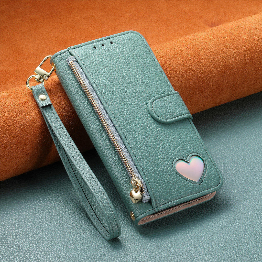 เข้ากันได้กับ iPhone 17 Air 16 e 15 14 Plus 13 Pro Max Love Heart Zipper Wallet Flip PU Leather Card